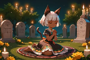 Girl with white hair, blue eyes, brown skin, cat ears,(eyes closed and concentrating)
[dress]/Traditional Mexican Black Dress (Shiny Embellishments)

[action]/Kneeling praying on a tombstone in a cemetery with candles, bread and yellow flowers(nightscape)
[full focus]

score_9, score_8_up, score_7_up, anime_source, Metanoia_PS,'s,score_6_up, score_4_upscore_5_up,(hig detail),,score_anime,anime screencap

[DIFUSION STABLE],1girl,beautiful,sgmsfortune