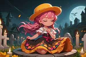 Pink-haired girl, pink eyes, smooth and fair skin, yellow hat,(eyes closed and concentrating)
[dress]/Traditional Mexican Black Dress (Shiny Embellishments)

[action]/Kneeling praying on a tombstone in a cemetery with candles, bread and yellow flowers(nightscape)
[full focus]

score_9, score_8_up, score_7_up, anime_source, Metanoia_PS,'s,score_6_up, score_4_upscore_5_up,(hig detail),,score_anime,anime screencap

[DIFUSION STABLE],1girl,beautiful,skg_umbrella