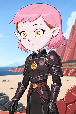 girl with pink hair, golden eyes, pointed ears, ((euphoric smile))

[clothing]/black armor with red edges



[landscape]/observing in ocean,amity blight