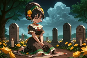 girl with black hair up, gray eyes, fair skin.(eyes closed and concentrating)
[dress]/Traditional Mexican Black Dress (Shiny Embellishments)

[action]/Kneeling Praying on a Mexican tombstone in a cemetery with candles, bread and yellow flowers(nightscape)
[full focus]

score_9, score_8_up, score_7_up, anime_source, Metanoia_PS,'s,score_6_up, score_4_upscore_5_up,(hig detail),,score_anime,anime screencap

[DIFUSION STABLE],1girl,beautiful,Fair skin,toph beifong