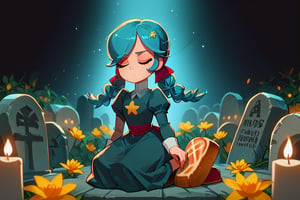 Dark blue haired girl, pointed head ornaments, red eyes, fair and soft skin,(eyes closed and concentrating)
[dress]/Traditional Mexican Black Dress (Shiny Embellishments)

[action]/Kneeling praying on a tombstone in a cemetery with candles, bread and yellow flowers(nightscape)
[full focus]

score_9, score_8_up, score_7_up, anime_source, Metanoia_PS,'s,score_6_up, score_4_upscore_5_up,(hig detail),,score_anime,anime screencap

[DIFUSION STABLE],1girl,beautiful,skg_annie