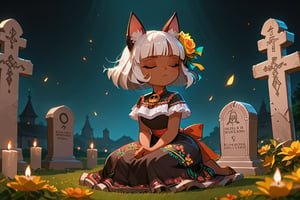 Girl with white hair, blue eyes, brown skin, cat ears,(eyes closed and concentrating)
[dress]/Traditional Mexican Black Dress (Shiny Embellishments)

[action]/Kneeling praying on a tombstone in a cemetery with candles, bread and yellow flowers(nightscape)
[full focus]

score_9, score_8_up, score_7_up, anime_source, Metanoia_PS,'s,score_6_up, score_4_upscore_5_up,(hig detail),,score_anime,anime screencap

[DIFUSION STABLE],1girl,beautiful,sgmsfortune