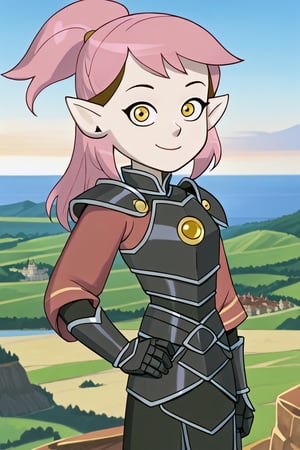 girl with pink hair, golden eyes, pointed ears, ((euphoric smile))

[clothing]/black armor with red edges
(tracking of the open pose)



[landscape]/observing in ocean,amity blight