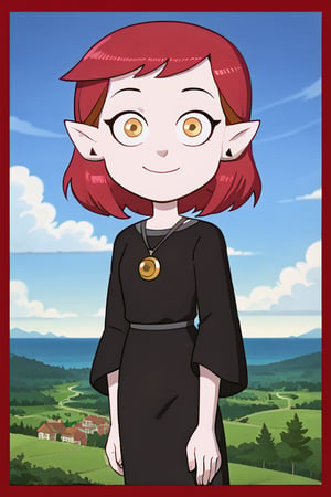 girl with red hair, golden eyes, pointed ears, ((euphoric smile))

[clothing]/black dress with red borders,



[landscape]/observing in ocean,amity blight