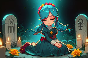 Dark blue haired girl, pointed head ornaments, red eyes, fair and soft skin,(eyes closed and concentrating)
[dress]/Traditional Mexican Black Dress (Shiny Embellishments)

[action]/Kneeling praying on a tombstone in a cemetery with candles, bread and yellow flowers(nightscape)
[full focus]

score_9, score_8_up, score_7_up, anime_source, Metanoia_PS,'s,score_6_up, score_4_upscore_5_up,(hig detail),,score_anime,anime screencap

[DIFUSION STABLE],1girl,beautiful,skg_annie