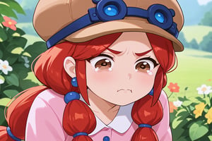 red-haired girl, brown eyes, fair skin, brown hat 

[clothing]/full pink pajamas.
[action]/crying and pouting
[full focus]

score_9, score_8_up, score_7_up, anime_source, Metanoia_PS,'s,score_6_up, score_4_upscore_5_up,(hig detail),,score_anime,anime screencap

[DIFUSION STABLE],1girl,beautiful,bsjessie