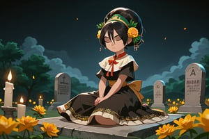 girl with black hair up, gray eyes, fair skin.(eyes closed and concentrating)
[dress]/Traditional Mexican Black Dress (Shiny Embellishments)

[action]/Kneeling Praying on a Mexican tombstone in a cemetery with candles, bread and yellow flowers(nightscape)
[full focus]

score_9, score_8_up, score_7_up, anime_source, Metanoia_PS,'s,score_6_up, score_4_upscore_5_up,(hig detail),,score_anime,anime screencap

[DIFUSION STABLE],1girl,beautiful,Fair skin,toph beifong