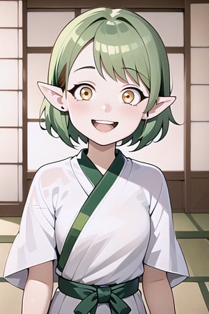 girl with short green hair, golden eyes, pointed ears, ((excited smile))

[vestiemnta]Mexican clothing, white dress with green, white and red details

[central focus] [stable diffusion]