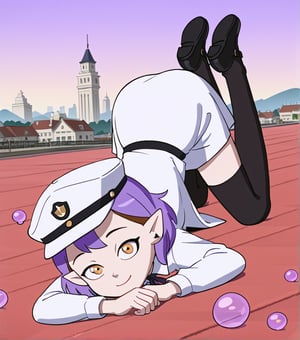 1Girl with purple hair, short hair, golden eyes, pointed ears.
[soft smile]


[dress]/ white navy cap, white school shirt, white skirt with blue edges, black stockings, black shoes.
[action]/holding purple bubbles.

[landscape]/city stop

amity blight,top-down bottom-up,solo,full body