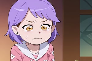 Girl with short purple hair, golden eyes, ountisharp ears

[clothing]/full pink pajamas.
[action]/crying and pouting
[full focus]

score_9, score_8_up, score_7_up, anime_source, Metanoia_PS,'s,score_6_up, score_4_upscore_5_up,(hig detail),,score_anime,anime screencap

[DIFUSION STABLE],1girl,beautiful,Fair skin,aquacrying,amity blight