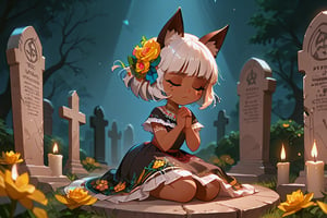 Girl with white hair, blue eyes, brown skin, cat ears,(eyes closed and concentrating)
[dress]/Traditional Mexican Black Dress (Shiny Embellishments)

[action]/Kneeling praying on a tombstone in a cemetery with candles, bread and yellow flowers(nightscape)
[full focus]

score_9, score_8_up, score_7_up, anime_source, Metanoia_PS,'s,score_6_up, score_4_upscore_5_up,(hig detail),,score_anime,anime screencap

[DIFUSION STABLE],1girl,beautiful,sgmsfortune