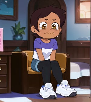 Girl with short brown hair, brown eyes, brown skin
[clothing]/purple and white t-shirt, blue denim mini shorts, black tights, white sneakers

[action]/crying and pouting

[central focus]

score_9, score_8_up, score_7_up, anime_source, Metanoia_PS,'s,score_6_up, score_4_upscore_5_up,(hig detail),,score_anime,anime screencap

[DIFUSION STABLE],1girl,beautiful eyes,Luz Noceda,aquacrying, wavy mouth, closed mouth,tearing up