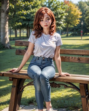 1girl solo, realistic, background blurry bokeh , (ultra hdr) (professional photograph), european,3D MODEL,sma, european gardner ,short jeans skirt, grey top, redhead, sitting on wooden bench in park,