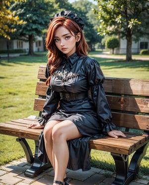 1girl solo, realistic, background blurry bokeh , (ultra hdr) (professional photograph), european,3D MODEL,sma, european gardner ,gothic black dress,redhead, sitting on wooden bench in park,