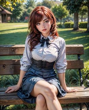 1girl solo, realistic, background blurry bokeh , (ultra hdr) (professional photograph), european,3D MODEL,sma, european gardner ,gothic black clothes,redhead, sitting on wooden bench in park,30G cup,