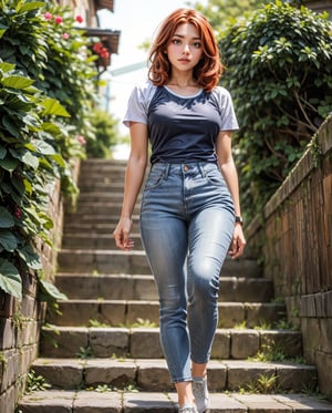 1girl solo, realistic, background blurry bokeh , (ultra hdr) (professional photograph), european,3D MODEL,sma, european gardner ,jeans shorts, grey top, redhead, walking down wooden stairs,