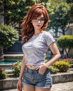 1girl solo, realistic, background blurry bokeh , (ultra hdr) (professional photograph), european,3D MODEL,sma, european gardner ,jeans shorts, grey top, redhead,