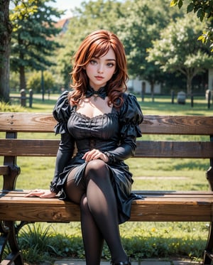 1girl solo, realistic, background blurry bokeh , (ultra hdr) (professional photograph), european,3D MODEL,sma, european gardner ,gothic black dress,redhead, sitting on wooden bench in park,