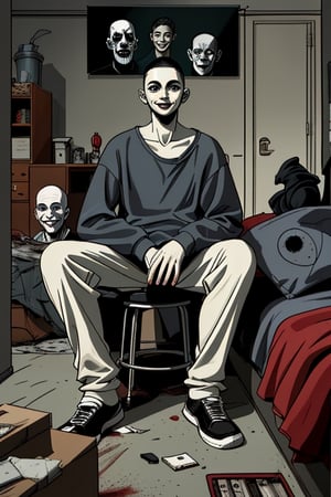 HORROR,slim young man,with three faces in one head,sitting in his dark and messy apartment,bored,baggy clothes, sad face