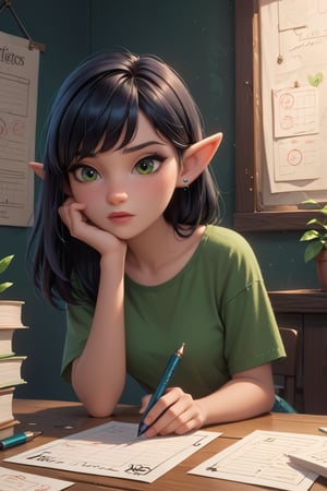 score_9, score_8_up, score_7_up, score_6_up, 1girl, solo, elf, elf_ears, writing letters on paper with pen, looking down at the paper, green clothing, green apple, black hair, bangs hair, kind and innocently face, intelligent 

Disney pixar style, dark room background 