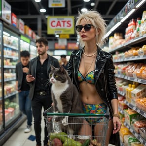  magazine cover with the text “cats".  Two cats, (one black and white,cat, the other one tuxedo grey cat ), standing on a caddy. An Italian lady, fit body, 60 years old, blond, punk hair style, wearing a holographic skimpy bodycon fluorescent latex tiny micro-skirt , pushing a caddy in the supermarket at the fresh diaries area, a cucumber in one hand. Pearl necklace, gold bracelet, sunglasses, Japanese bodyguards standing behind, gazing at the scene and taking pictures in background. Funny atmosphere, High_resolution, high quality, high resolution, ultra realistic, high luminosity. 