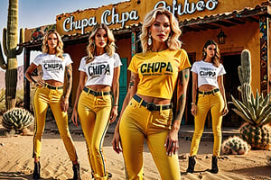 A majestic shot from a grand angle, captures a group of five Californian jewish blondes, vary age, vary fitness body type, mature, striking features as they confidently stands outside an abandoned restaurant in a dry desert full of tall cactuses. They radiates beauty, with tattoos and piercing. They're surrounded by cats , adding a whimsyis atmosphere. They are dressed in form-fitting T-shirt with vibrant text reading "chupa chupa", wearing a luminous yellow cotton pant witn an opening on their left thigh. Framed to highlight their ultra-realistic, body details, showcasing a sensual smile and naughty gaze. In a 16k-quality photoshoot, they poses confidently, their entire figure captured in stunning detail as the sunlight casts a warm glow on their ultra-realistic, super-detailed skin, emphasizing every curve and contour, with precision and clarity, a true masterpiece of cinematic photography.,3d,Extremely Realistic,shards