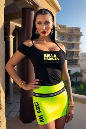  A majestic shot from a grand angle, captures Bella Hadid, mature fat body, striking features as she confidently stands outside an abandoned hotel in central Gaza city, full of dirty wastes. She transpires ugliness, with tattoos and piercing. She's surrounded by two dogs adding a fearing whimsy atmosphere. She's pantyless , dressed in form-fitting dark red T-shirt with vibrant text reading  "Bella Hadidas" and with three stripes on her shoulders, wearing hijab and a luminous fluorescent dark latex micro-skirt witn an opening on the left thigh. She's holding an  automatic weapon. She's wearing Adidas dark yellow Snickers . Framed to highlight ultra-realistic, body details, showcasing a fierce gaze. In a 16k-quality photoshoot, she poses confidently angry, the entire figure captured in stunning detail as the sunlight casts a warm glow on her ultra-realistic, super-detailed skin, emphasizing every curve and contour, with precision and clarity, a true masterpiece of cinematic photography.,3d,Extremely Realistic,shards,  3D, score_8_up,photorealistic