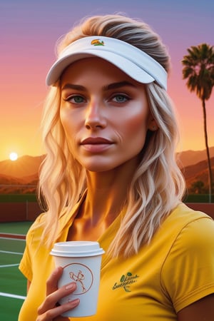 A california blond cougar woman, bathed in warm yellow light, braless, pantyless,  gazes seducively as she holds a 'Cuzzolin'  coffee mug,  tennis hat with the logo "Cuzzolin" on her head. Scarred skin and lucky emotions etched on her face convey happiness depths.mini Brushstrokes evoke, capturing every detail from pockmarked skin to fiery locks. Background colors bleed from her thoughts, boosting to cry, then light, as if her turmoil has revivified the world. full body,  high resolution, High quality, high luminosity , ultra-realistic, super-detailed 