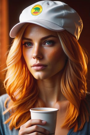 A california blond cougar woman's, bathed in warm yellow light, braless, pantyless,  gazes seducively as she holds a Cuzzolin  coffee mug,  tennis hat with the logo "Cuzzolin" on her head. Scarred skin and lucky emotions etched on her face convey happiness depths. Brushstrokes evoke, capturing every detail from pockmarked skin to fiery locks. Background colors bleed from her thoughts, fading to haze, then light, as if her turmoil has revivified the world. full body,  high resolution, High quality, high luminosity , ultra-realistic, super-detailed 