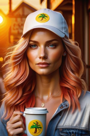 A california blond cougar woman's, bathed in warm yellow light, braless, pantyless,  gazes seducively as she holds a Cuzzolin  coffee mug,  tennis hat with the logo "Cuzzolin" on her head. Scarred skin and lucky emotions etched on her face convey happiness depths. Brushstrokes evoke, capturing every detail from pockmarked skin to fiery locks. Background colors bleed from her thoughts, fading to haze, then light, as if her turmoil has revivified the world. full body,  high resolution, High quality, high luminosity , ultra-realistic, super-detailed 