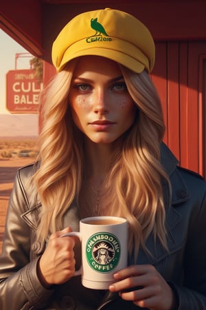 A california blond cougar woman, bathed in warm yellow light, braless, pantyless,  gazes seducively as she holds a 'Cuzzolin'  coffee mug,  tennis hat with the logo "Cuzzolin" on her head. Scarred skin and lucky emotions etched on her face convey happiness depths.mini Brushstrokes evoke, capturing every detail from pockmarked skin to fiery locks. Background colors bleed from her thoughts, boosting to cry, then light, as if her turmoil has revivified the world. full body,  high resolution, High quality, high luminosity , ultra-realistic, super-detailed 