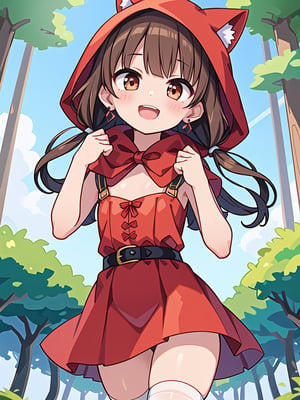 beautiful_female_fingers,

(((a very young child))), infant body shape, flat chest, No public hair, extremely pretty face, beautiful face, ultra-detaild face, cute face, shiny brown hair, medium hair, low twintails, hairpin, ultra-detailed eyes, big eyes, droopy eyes, dark brown eyes, (eyelid:0.0), (perfect eyelid), beautiful eyebrow, (eyelashes:0.4), Bishojo, beautiful nose, perfect face, big smile, open_mouth, blush, 

Little Red Riding Hood, 1girl, red riding hood, white cute dress, thigh socks, earrings, forest, dynamic pose, dynamic angle,
Please draw an illustration based on the fairy tale of Little Red Riding Hood