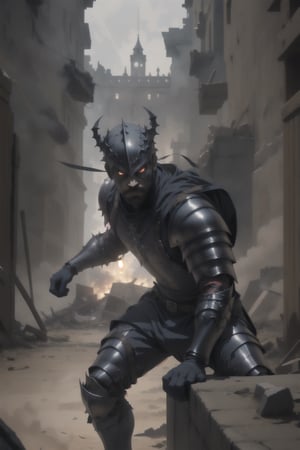 man in gothic armor fighting in a war
