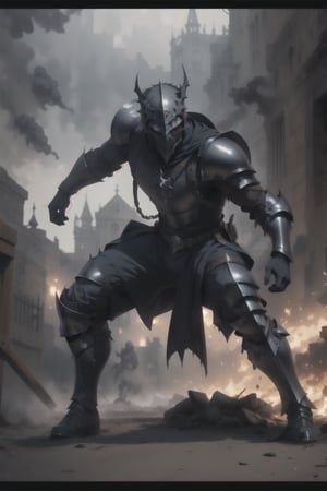 man in gothic armor fighting in a war
