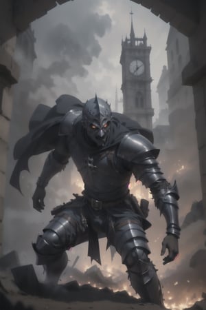 man in gothic armor fighting in a war
