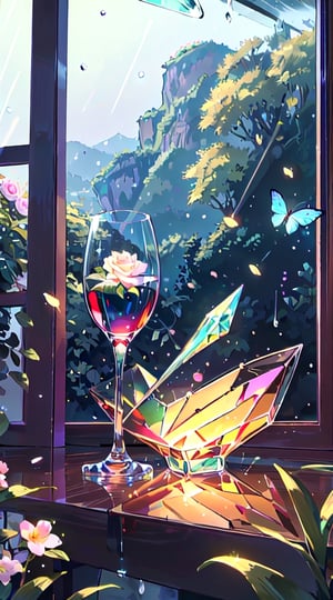 (masterpiece), (best quality), (ultra-detailed), (masterpiece), (best quality), (ultra-detailed), 4K resolution, High resolution, professionall quality, detailed picture, perfectly drawn objects,more prism, vibrant color,no people,wisteria,Jinsha,Transparent stardust,sakura,star,crystal garden,crystal flower,crystal city,crystal sea,crystal cave,lake,crystal shape, crystal thorn, crystal vine, glass thorn, glass Vine, Crystal Bush, Glass Bush,rose,cherry blossom tree,crystal lily,glass crystal,Butterfly,wine glass,diamond,flower on glass,no word, raining