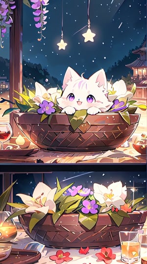 white cat, purple eyes,(masterpiece), (best quality), (ultra-detailed), (masterpiece), (best quality), (ultra-detailed), 4K resolution, High resolution, professionall quality, detailed picture, perfectly drawn objects,more prism, vibrant color,no people,wisteria,Jinsha,Transparent stardust,star,crystal garden,crystal flower,crystal city,crystal sea,crystal cave,lake,crystal shape, crystal thorn, crystal vine, glass thorn, glass Vine, Crystal Bush, Glass Bush,crystal lily,glass crystal,no word,summer,morning ,cat