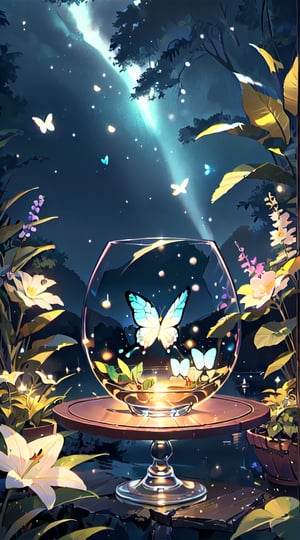 (masterpiece), (best quality), (ultra-detailed), (masterpiece), (best quality), (ultra-detailed), 4K resolution, High resolution, professionall quality, detailed picture, perfectly drawn objects,more prism, vibrant color,no people,wisteria,Jinsha,Transparent stardust,star,crystal garden,crystal flower,crystal city,crystal sea,crystal cave,lake,crystal shape, crystal thorn, crystal vine, glass thorn, glass Vine, Crystal Bush, Glass Bush,crystal lily,glass crystal,Butterfly,wine glass,diamond,flower on glass,no word,summer