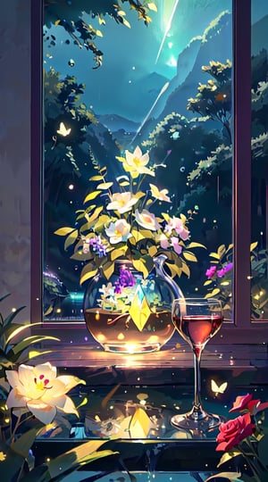 (masterpiece), (best quality), (ultra-detailed), (masterpiece), (best quality), (ultra-detailed), 4K resolution, High resolution, professionall quality, detailed picture, perfectly drawn objects,more prism, vibrant color,no people,wisteria,Jinsha,Transparent stardust,star,crystal garden,crystal flower,crystal city,crystal sea,crystal cave,lake,crystal shape, crystal thorn, crystal vine, glass thorn, glass Vine, Crystal Bush, Glass Bush,crystal lily,glass crystal,Butterfly,wine glass,diamond,flower on glass,no word, raining,rose