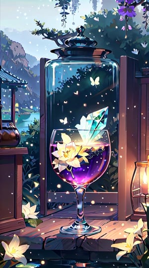 (masterpiece), (best quality), (ultra-detailed), (masterpiece), (best quality), (ultra-detailed), 4K resolution, High resolution, professionall quality, detailed picture, perfectly drawn objects,more prism, vibrant color,no people,wisteria,Jinsha,Transparent stardust,star,crystal garden,crystal flower,crystal city,crystal sea,crystal cave,lake,crystal shape, crystal thorn, crystal vine, glass thorn, glass Vine, Crystal Bush, Glass Bush,crystal lily,glass crystal,Butterfly,wine glass,diamond,flower on glass,no word,summer