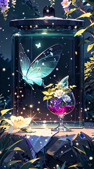 (masterpiece), (best quality), (ultra-detailed), (masterpiece), (best quality), (ultra-detailed), 4K resolution, High resolution, professionall quality, detailed picture, perfectly drawn objects,more prism, vibrant color,no people,wisteria,Jinsha,Transparent stardust,star,crystal garden,crystal flower,crystal city,crystal sea,crystal cave,lake,crystal shape, crystal thorn, crystal vine, glass thorn, glass Vine, Crystal Bush, Glass Bush,crystal lily,glass crystal,Butterfly,wine glass,diamond,flower on glass,no word, raining,rose,snow