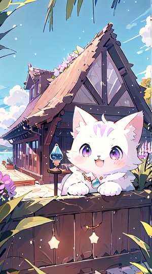 white cat, purple eyes,(masterpiece), (best quality), (ultra-detailed), (masterpiece), (best quality), (ultra-detailed), 4K resolution, High resolution, professionall quality, detailed picture, perfectly drawn objects,more prism, vibrant color,no people,wisteria,Jinsha,Transparent stardust,star,crystal garden,crystal flower,crystal city,crystal sea,crystal cave,lake,crystal shape, crystal thorn, crystal vine, glass thorn, glass Vine, Crystal Bush, Glass Bush,crystal lily,glass crystal,no word,summer,morning ,cat
