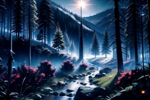 vibrant colors, female, masterpiece, sharp focus, best quality, depth of field, cinematic lighting, (illustration, 8k CG, extremely detailed), masterpiece, ultra-detailed, landscape, road, rocks, natural, dark forest, mountains, dark atmosphere, anime, night, horror, terror, blue atmosphere, creepy