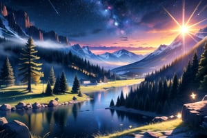 vibrant colors, female, masterpiece, sharp focus, best quality, depth of field, cinematic lighting, (illustration, 8k CG, extremely detailed), masterpiece, ultra-detailed, landscape, road, rocks, natural, dark forest, mountains, atmosphere, white dress,Spring,anime, night, horror, terror, stars