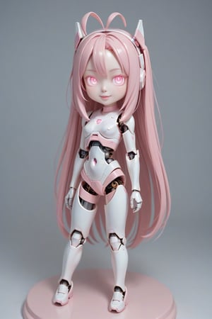 score_9, score_8_up, score_7_up, 1girl, solo, pink eyes, glowing eyes, robot joints, long hair, looking at viewer, glowing, pink hair, android, colored skin, Kunaboto, figure, ,figurine