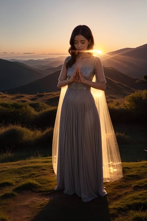 A silhouette of a woman wearing a see-through dress, standing in front of a sunset over a mountain, with her hands clasped together in a praying pose. A detailed ray of light shines through her dress, highlighting the delicate fabric and creating a halo effect around her silhouette,Cloef
