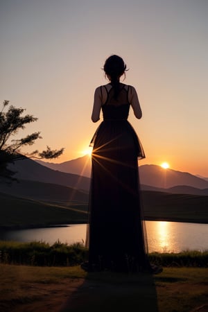 A silhouette of a woman wearing a see-through dress, standing in front of a sunset over a mountain, with her hands clasped together in a praying pose. A detailed ray of light shines through her dress, highlighting the delicate fabric and creating a halo effect around her silhouette,Cloef