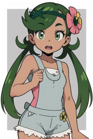 kmnmallow, 1girl, solo, green eyes, green hair, long hair, low twintails, swept bangs, dark skin, dark-skinned female, green hairband, hair ornament, hair flower, pink flower,

pink shirt, bare shoulders, sleeveless, overalls, shorts