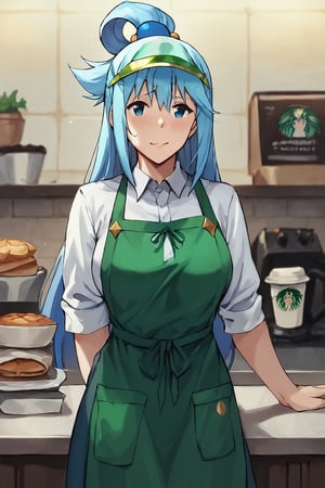 score_9,score_8_up,score_7_up,score_6_up, (((Konosuba))), (((Aqua))), (((Starbucks barrista))), (((barrista uniform))), (((green apron))), (((green visor cap))), unhappy, coffee cup, behind counter, view from the front