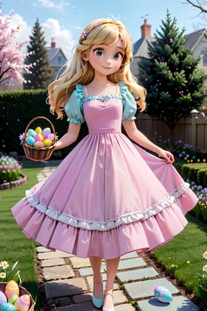 modisn disney (disney pixar style:1.2),  soft focus, pastel colors
(cute Girl in Easter dress)
petite, small breasts, flat chest, long blonde hair
Happy,
wearing a long pink easter dress, fancy, puffy sleeves, long hem
Standing in a garden easter morning, holding a basket of easter eggs,more detail XL